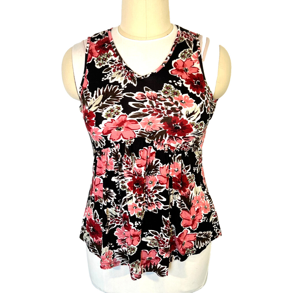 Tencede NWT Women's XL Tank Top Pink Black Floral V-Neck Empire Waist Flared Hem